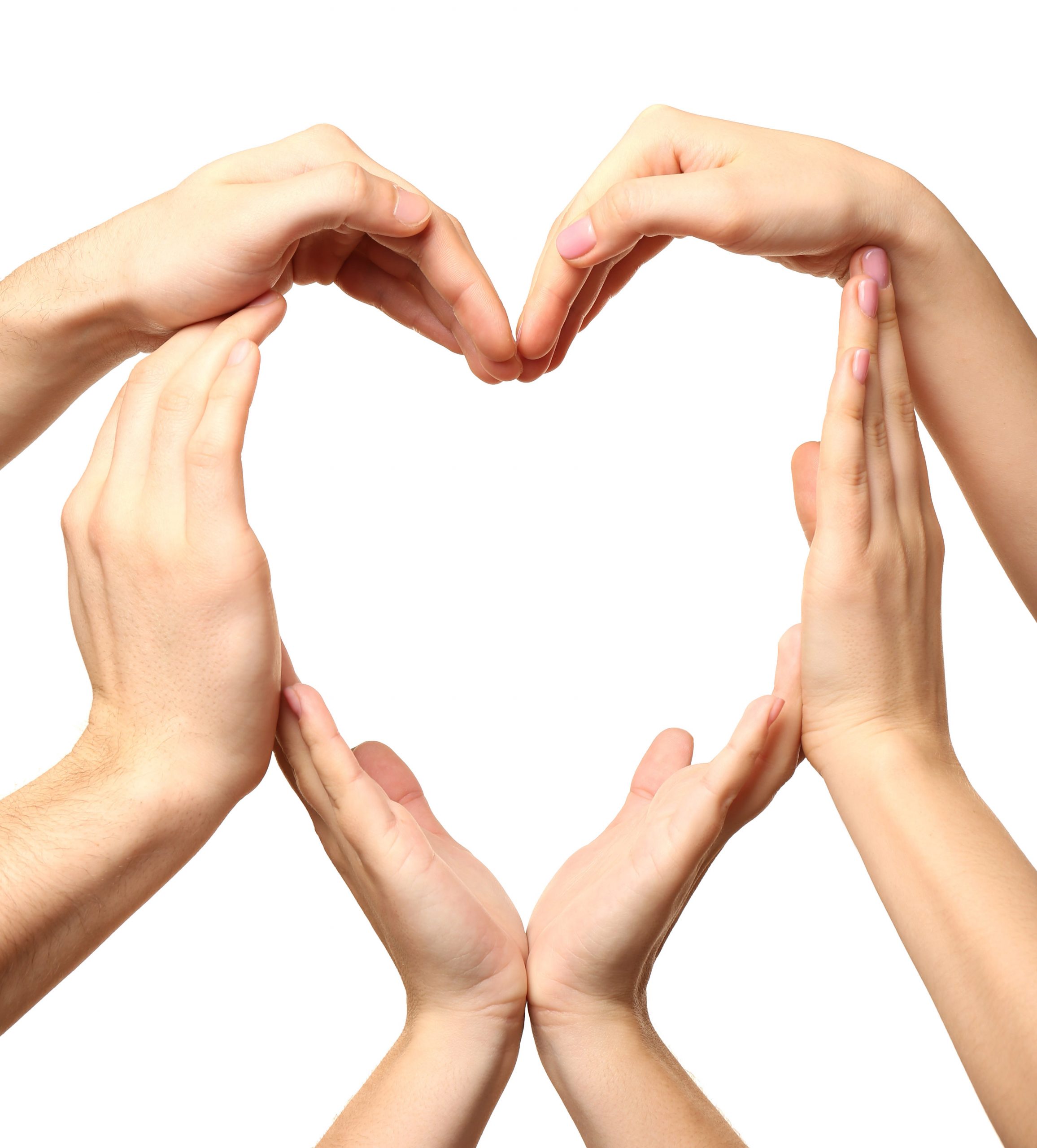Heart formed by male and female hands isolated on white